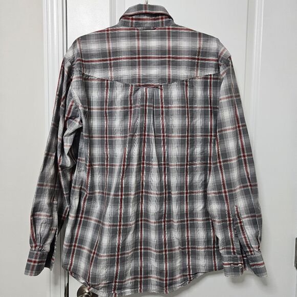 Roper Shirt Men's Medium Plaid Gray White Red Long Sleeve Western Flap Pockets - Picture 9 of 9